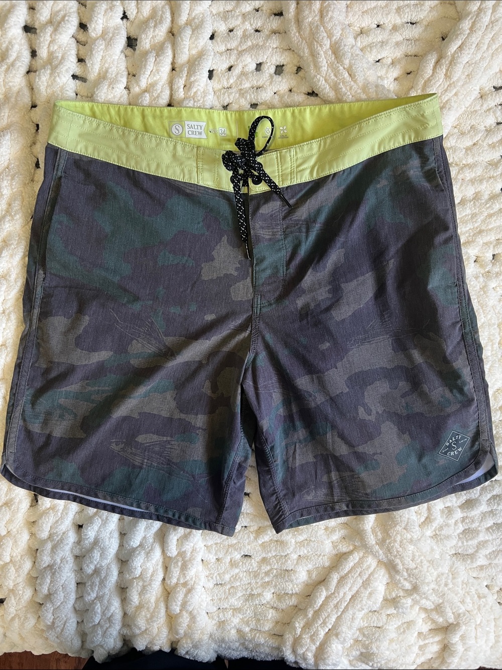 Salty Crew Men’s Olive Camo Swim Board Shorts with Lime Waistband